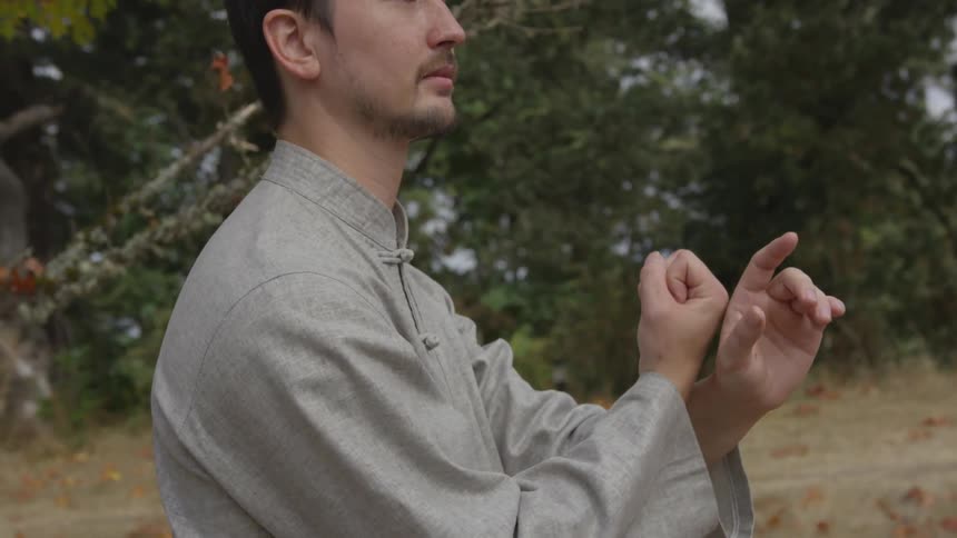 Man Practicing Asian Fighting Techniques