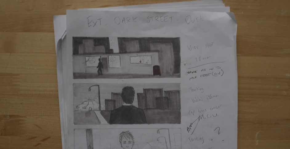 A pencil drawn comic with notes in the margins