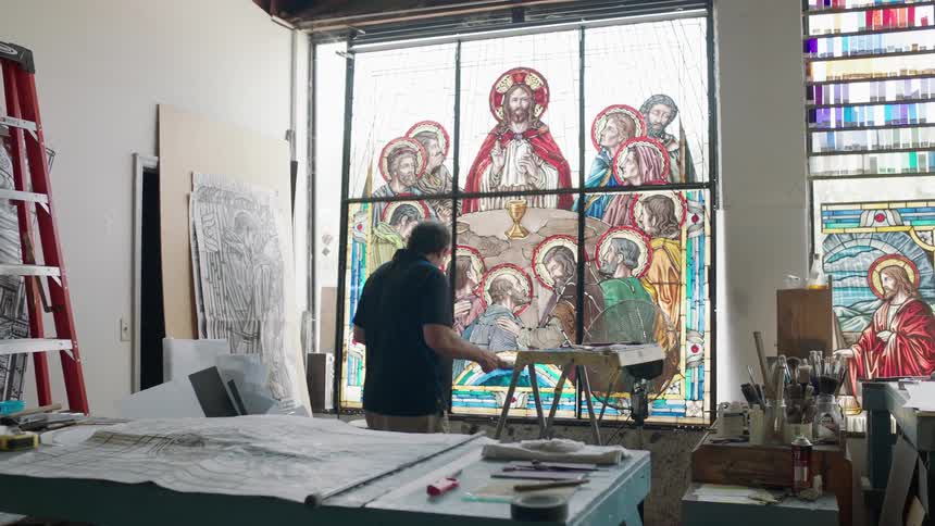 Large image of last supper stain glass in studio