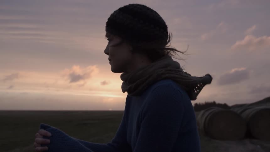 A woman stands in a windy field at dusk