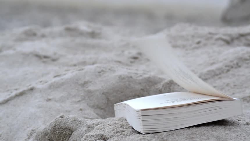 A paperback book rests on the sand while a gentle breeze flaps its pages