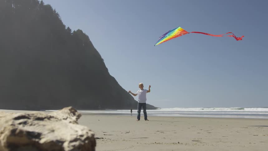 Boy flies rainbow kit on beach during day with mountain in background