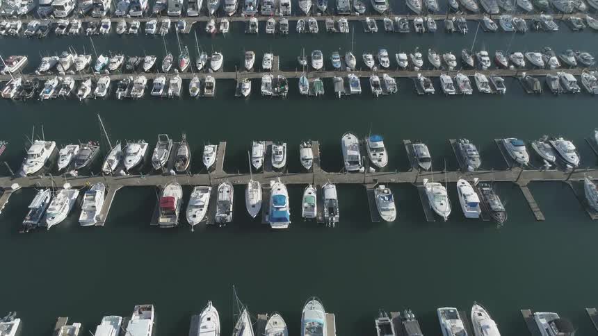 Overhead view of boat slips in a marina