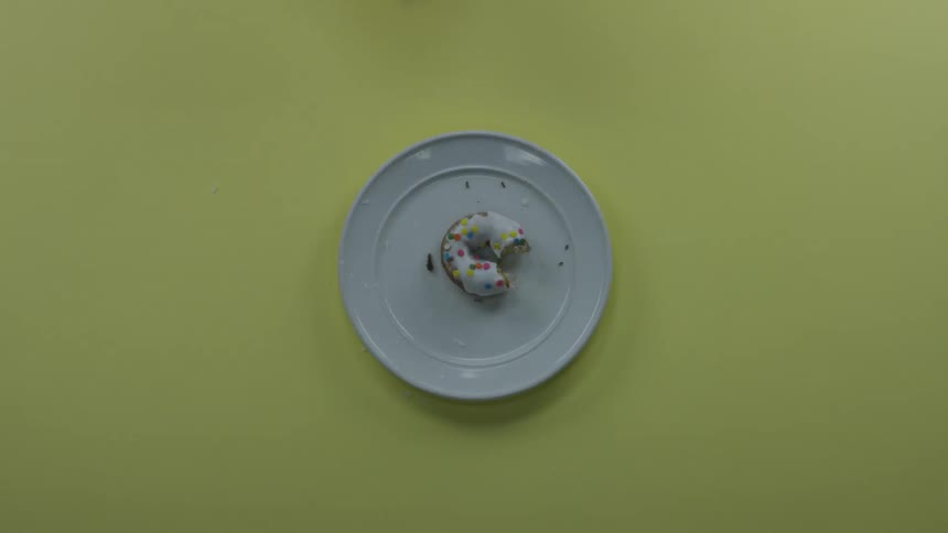 A partially eaten frosted doughnut with colorful sprinkles is placed on a white plate