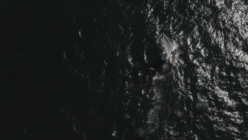 A white sailboat floats over rippling water