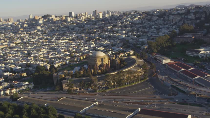 Flying over a city and flying over the freeway around the city