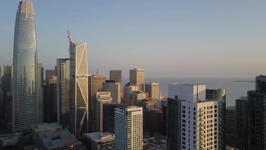 A city skyline overlooks the ocean