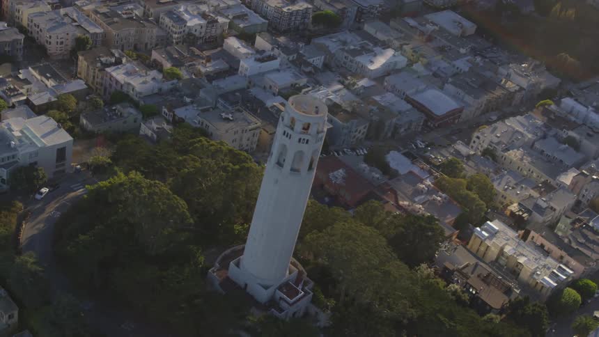 Coit tower in san francisco at the top of a hill surrounded by houses