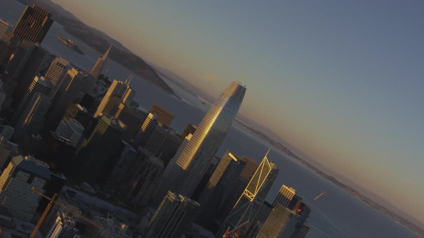 A city skyline at dusk