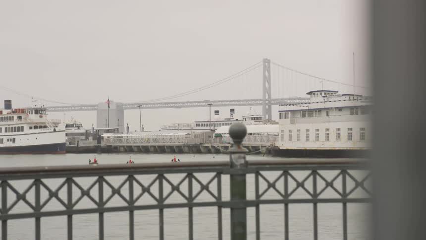 Ferry boats docked at the city pier on an overcast day