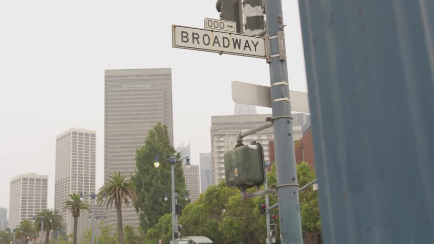 A traffic light and street sign on a pole in a city on a cloudy day