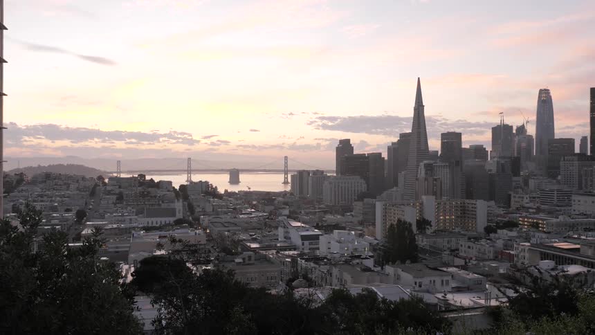 Skyline of the city while the sun goes down behind the clouds