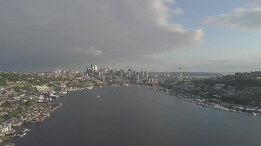 Skyscrapers and buildings surround a bay on a cloudy day