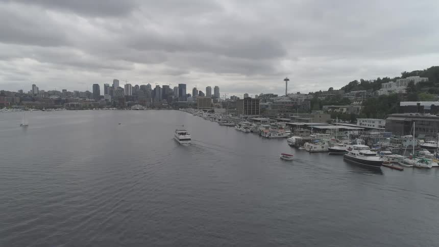 A crowded harbor on a river in a city under a cloudy sky