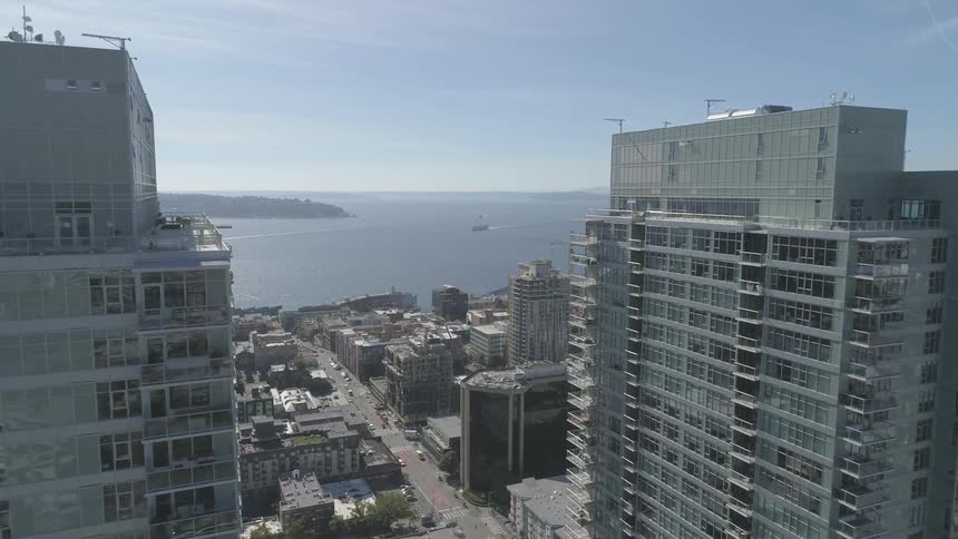 The city is filled with buildings by an ocean