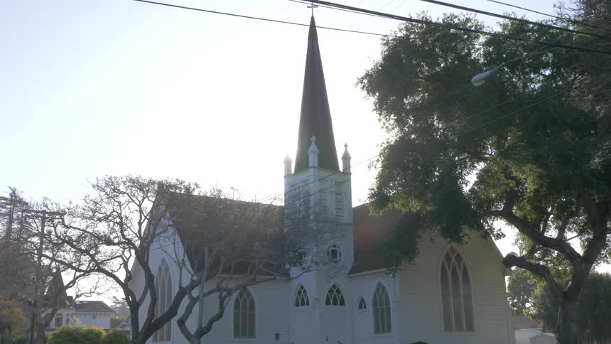 White church with steeple near trees