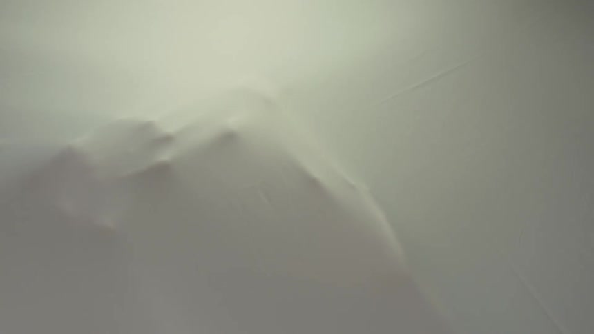 A person presses their hands and face against a white linen sheet
