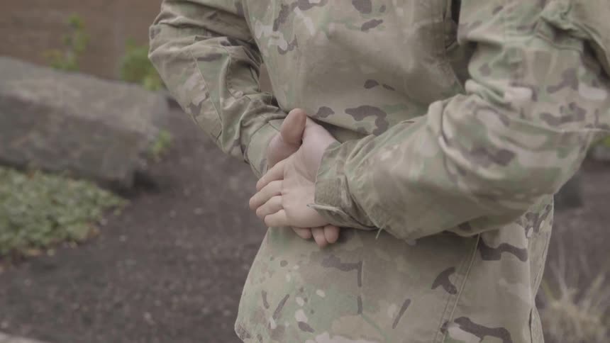 Soldier stands with hands behind back by day