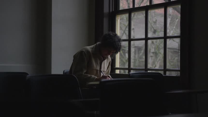 A woman sits alone while writing at a desk in a darkened classroom next to a large window from which leafless trees can be seen