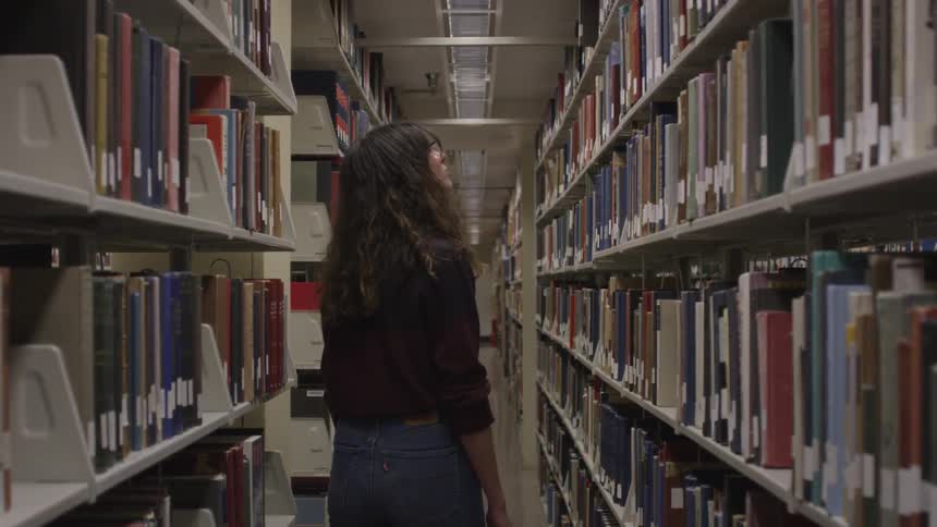 A student looks at shelves of reference books in a school library