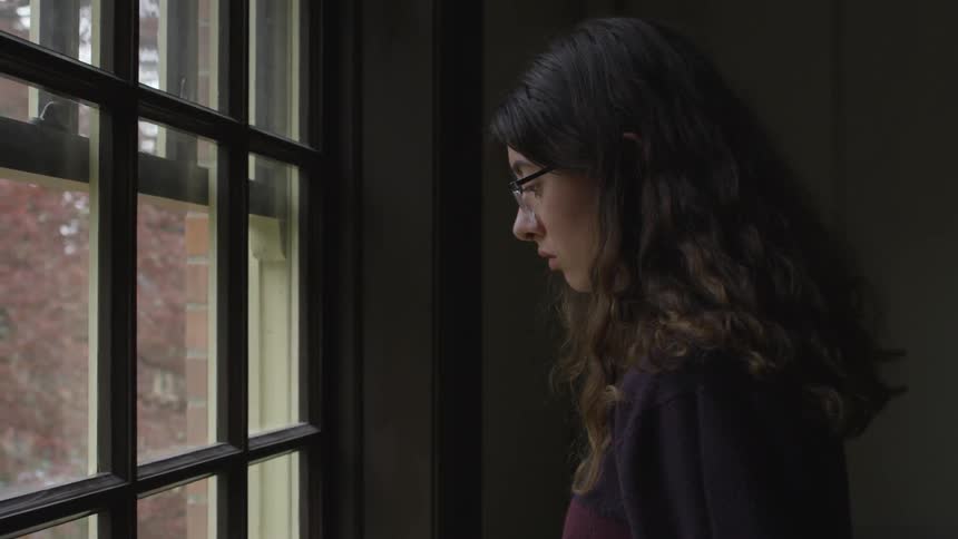 A woman looks out a large window