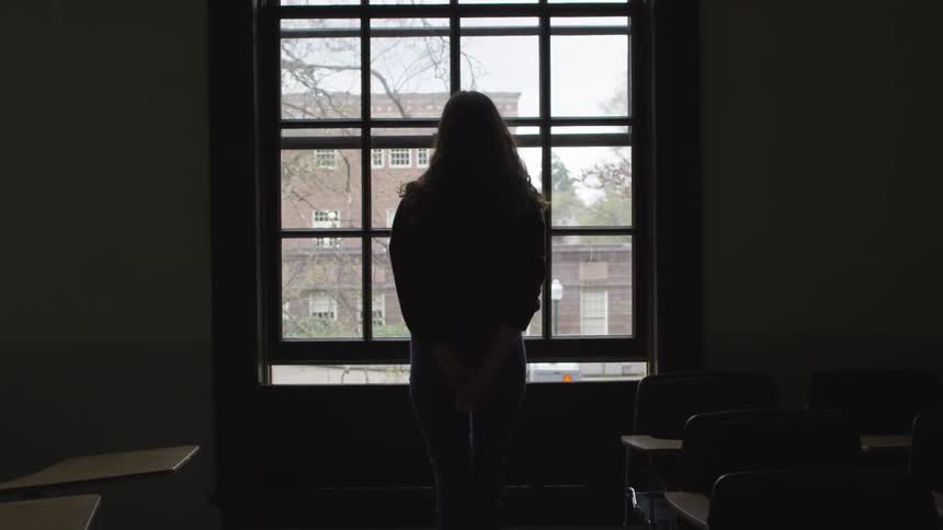 A woman stands in a classroom looking out of a georgian window