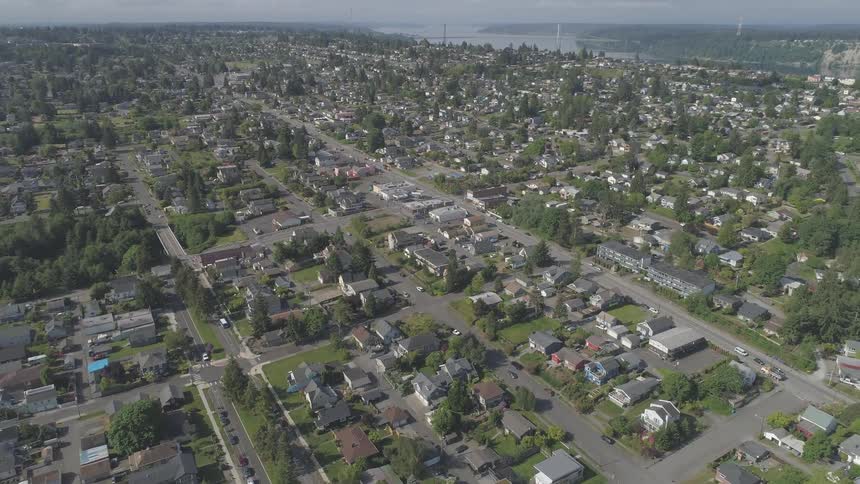 Overview of town with water in the distance