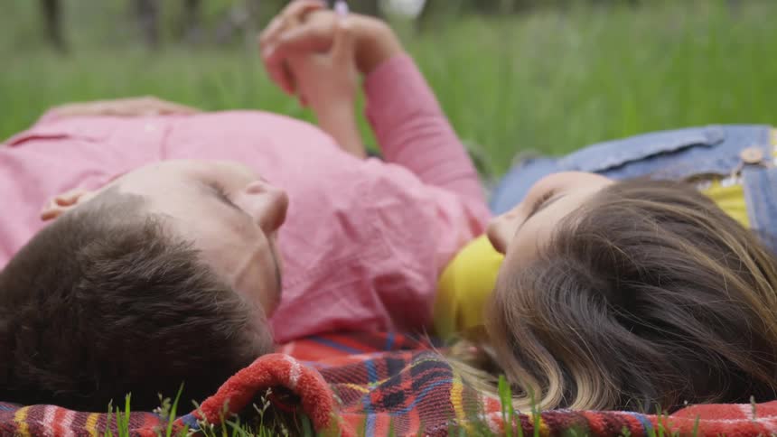 Man and woman holding hands on blanket over the grass