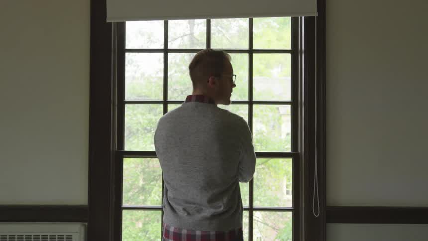 Man looks out of paned window