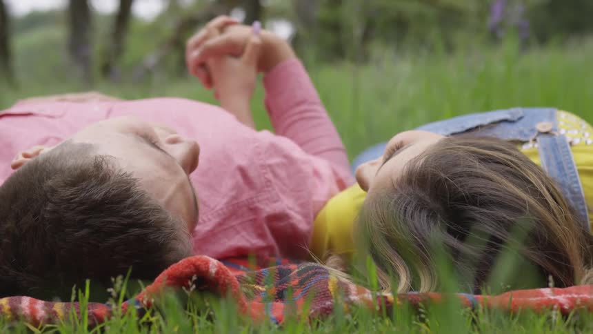 A male and female couple holding hands laying on a blanket in a field