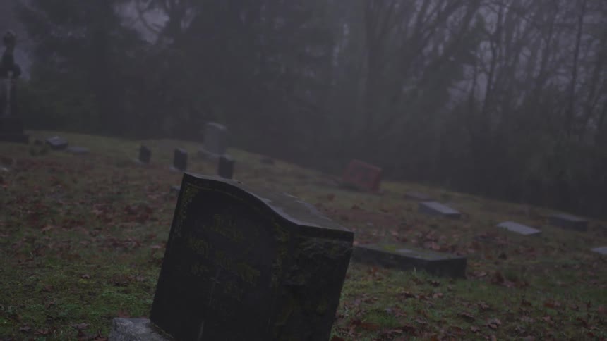 Gravestones surrounded by fog on a graveyard