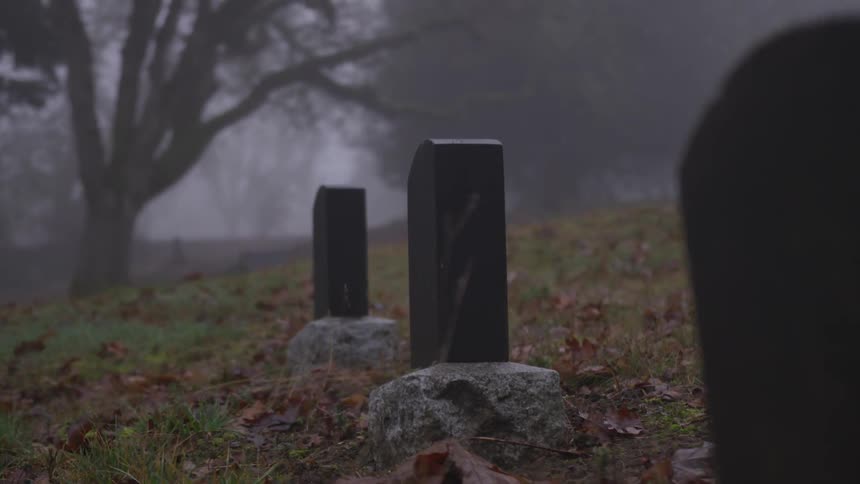 Tombstones surrounded by fog on a graveyard