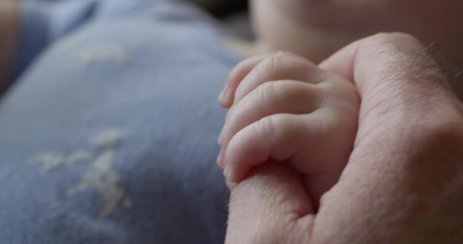 A close view of an adult hand holding the hand of an infant