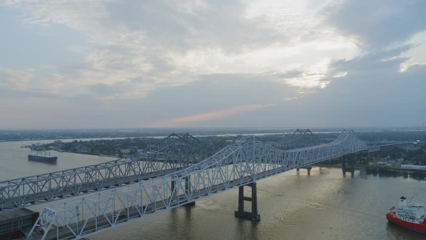 Aerial view of bridge at dawn