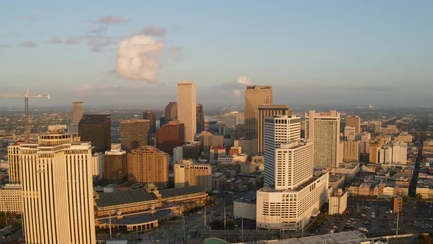 Aerial view of a city at dusk
