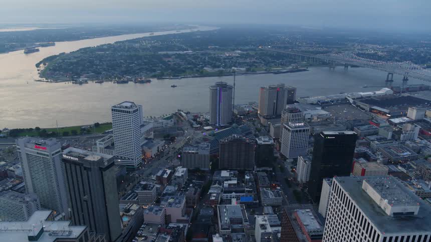Aerial view of city with waterway