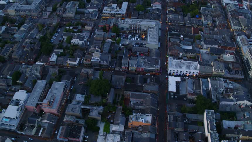 A low rise city landscape at sunset