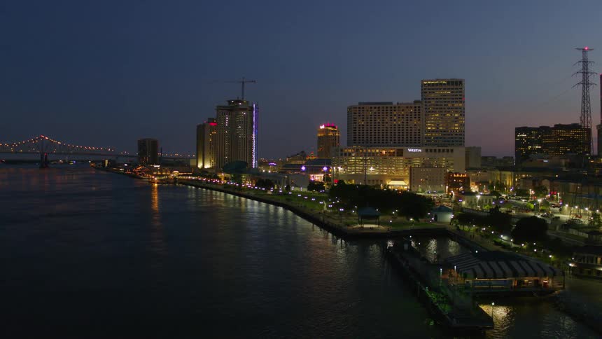 A city on a waterfront at night