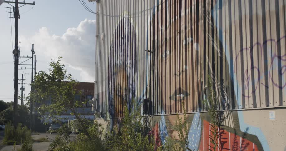 Graffiti covers the metal siding of a building