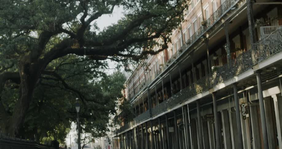View looking up at historic building and alley