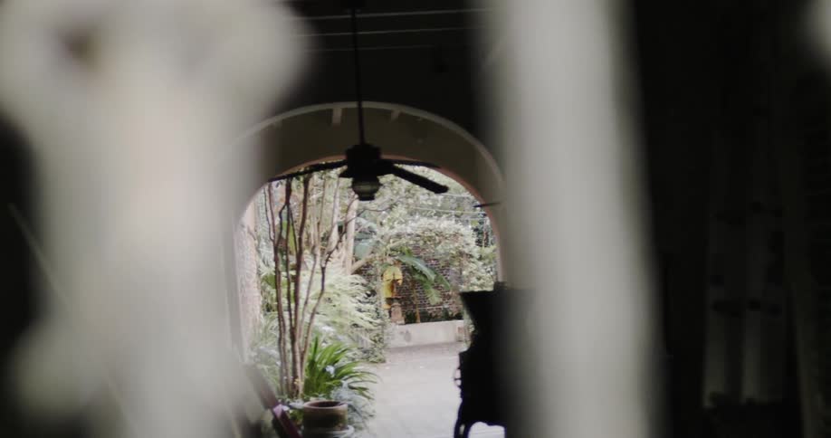 Looking through a gate with a building