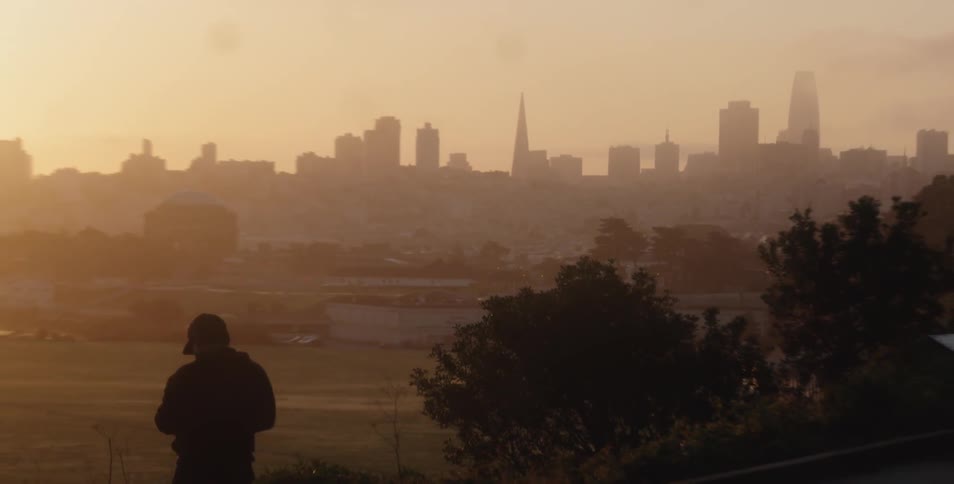 Man overlooking a field with a skyline in the back