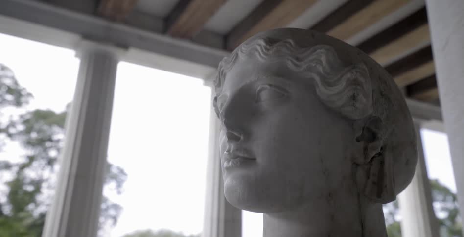 The face of a marble statue of the classical style