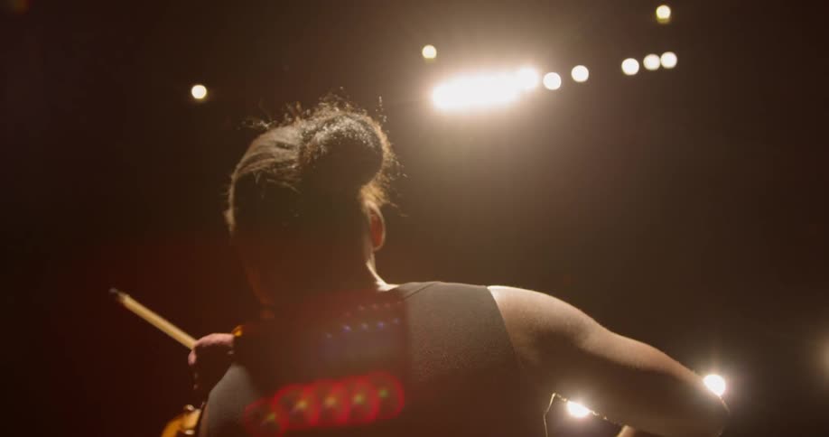 A violinist performs under the lights in a vest