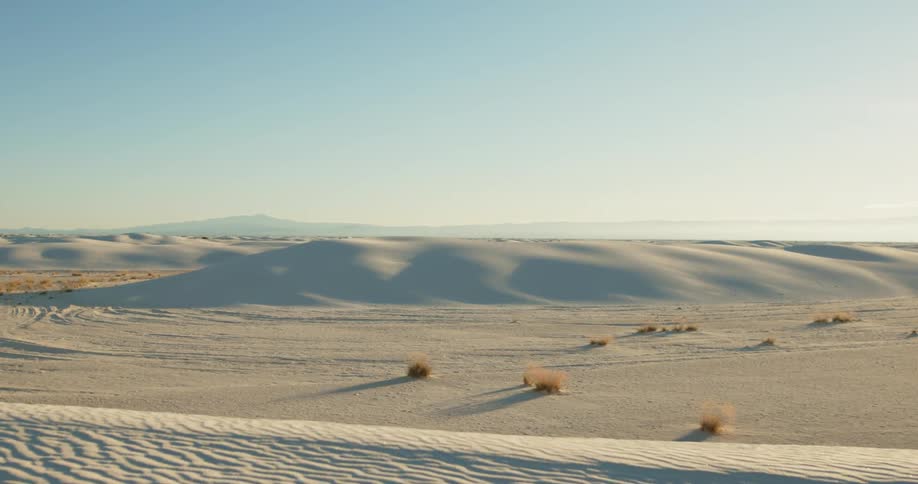 An expansive desert with numerous sand dunes and some patches of shrubs is seen under a clear blue sky