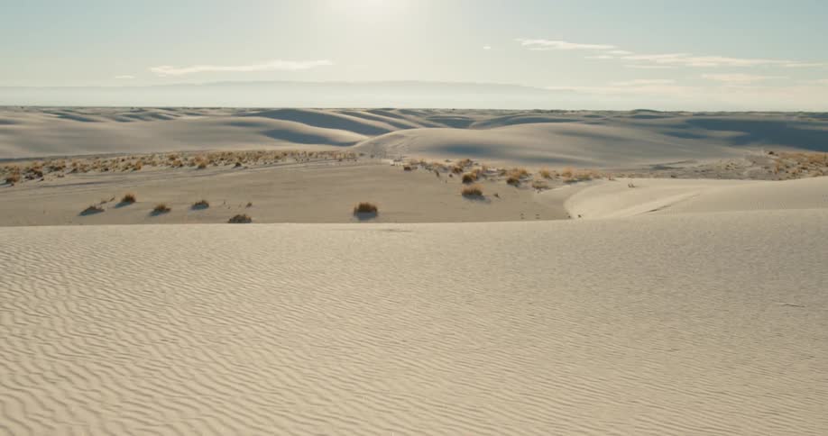 A desert with vegetation under a bright blue sky