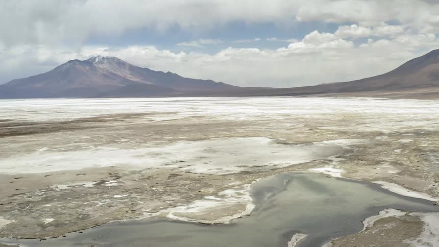 Mountains on the horizon with flat lands of snow ice and water