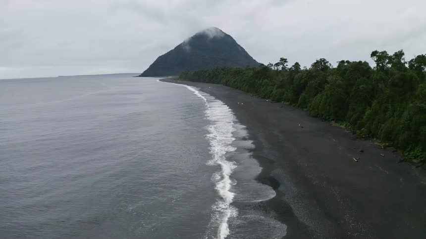 An empty black sand beach backed by forest with a mountain in the distance