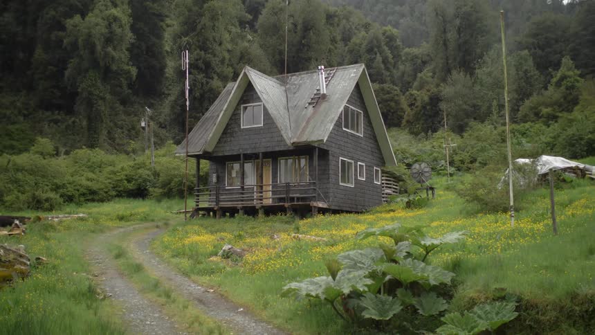 A cottage sits in the woods with a dirt driveway thats been cut through the grass
