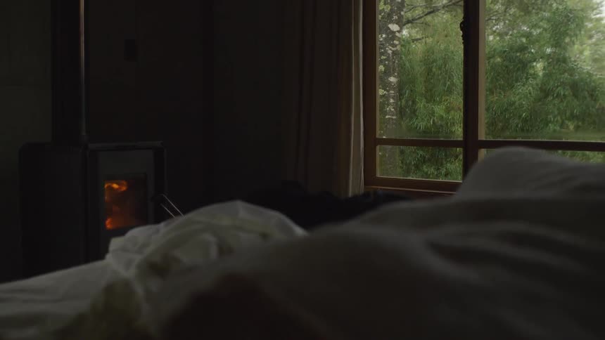 A fire burns in a stove next to a window